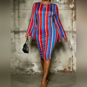Striped Bodycon Midi Dress in Red & Blue